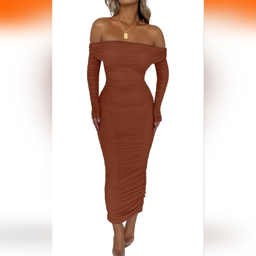 Off-Shoulder Rust/Brown/Burnt Orange Slimming Dress With Mesh Detail - Picture 4 of 9